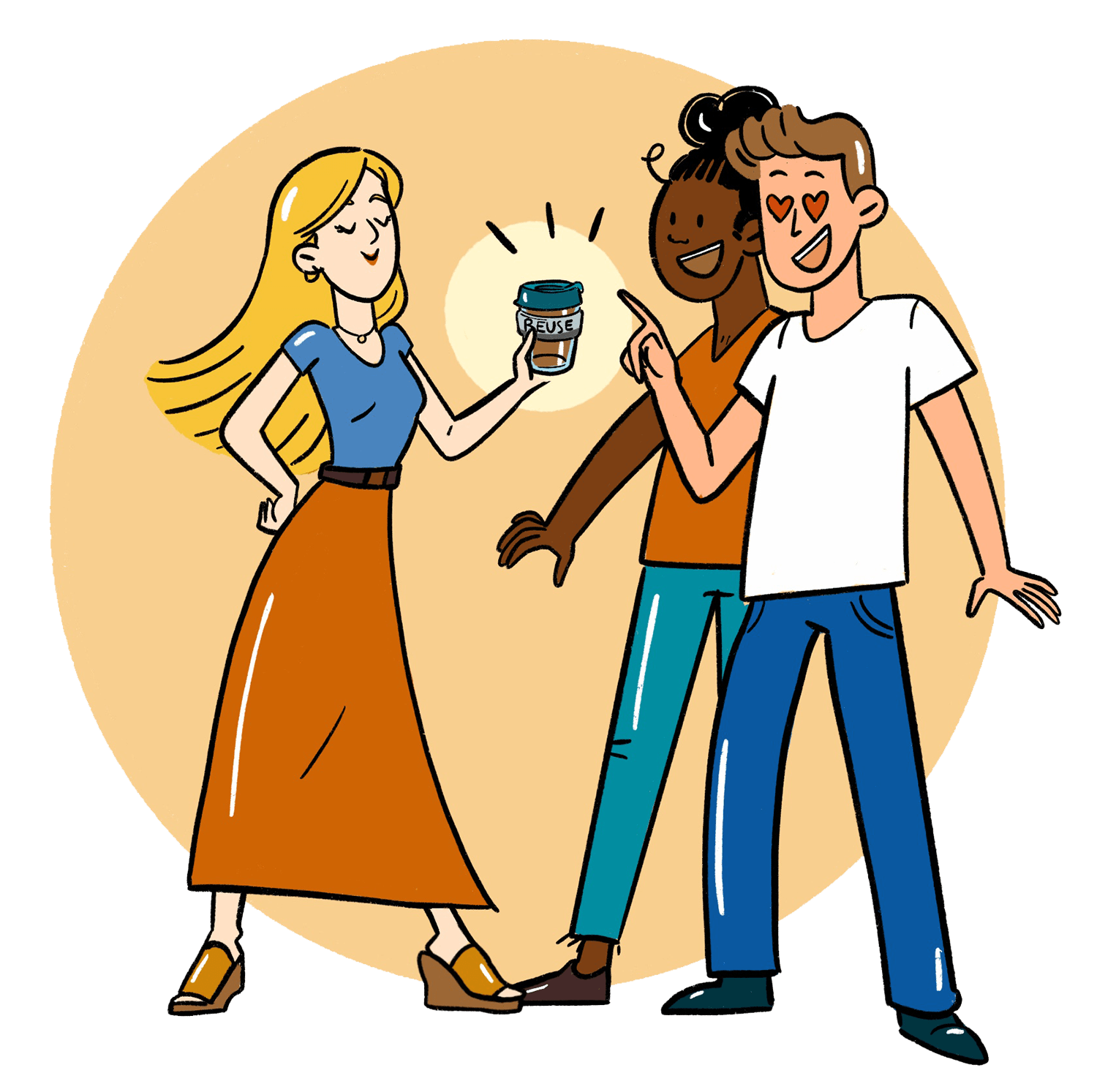 an illustration of a woman proudly showing a reusable cup to a man and a woman against an orange circle background